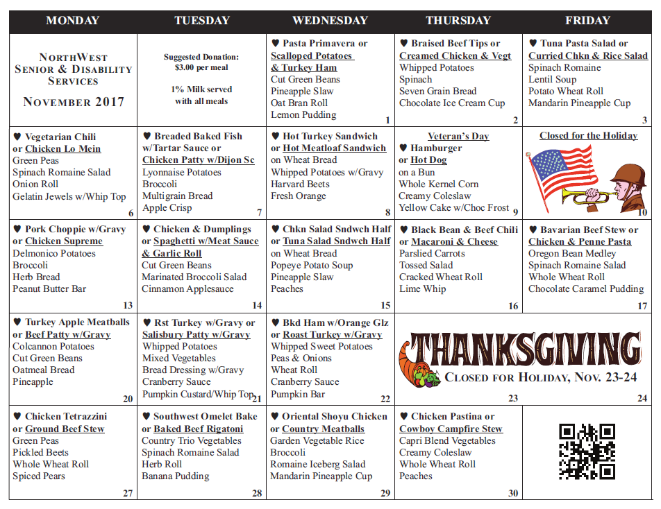 Senior Center Lunch Menu