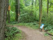 Birdhouses and sign on trail